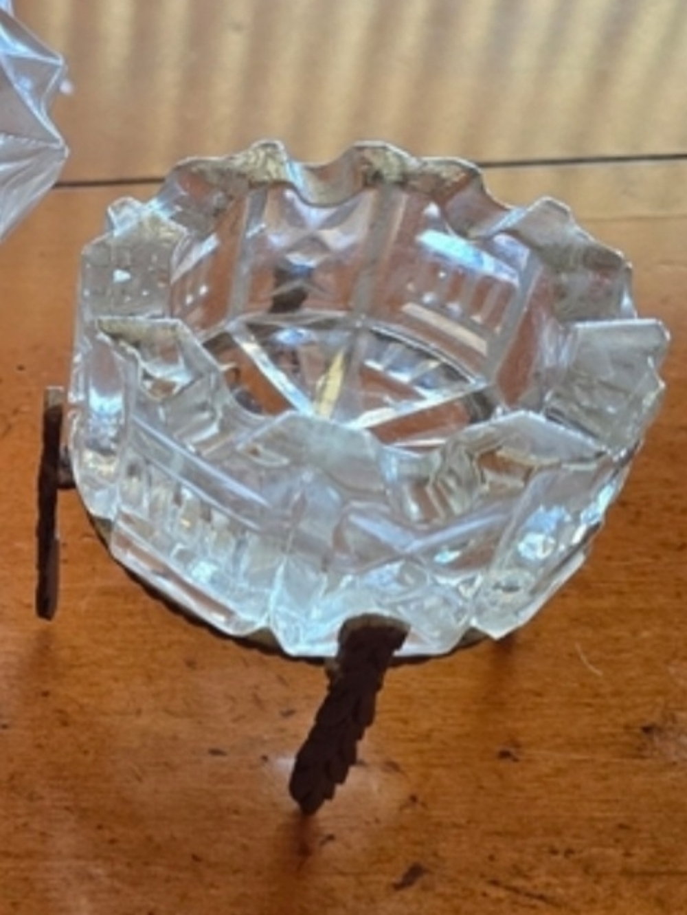 Vintage 1960 Heavy Cut Crystal Ashtray With Brass Stand
